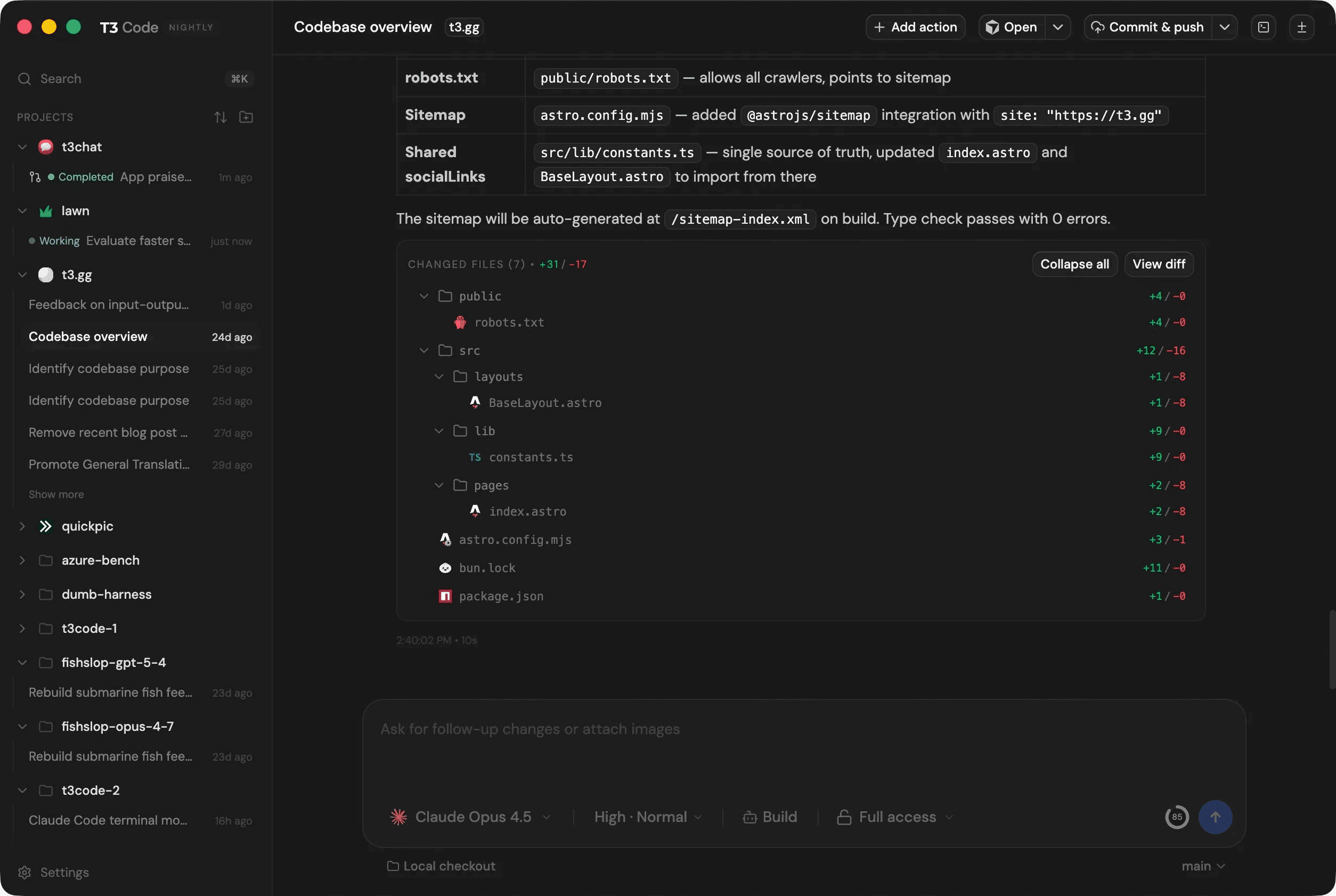 The agentic IDE: projects and threads on the left, the active run with its changed files in the middle, and the composer with model, effort and access controls.